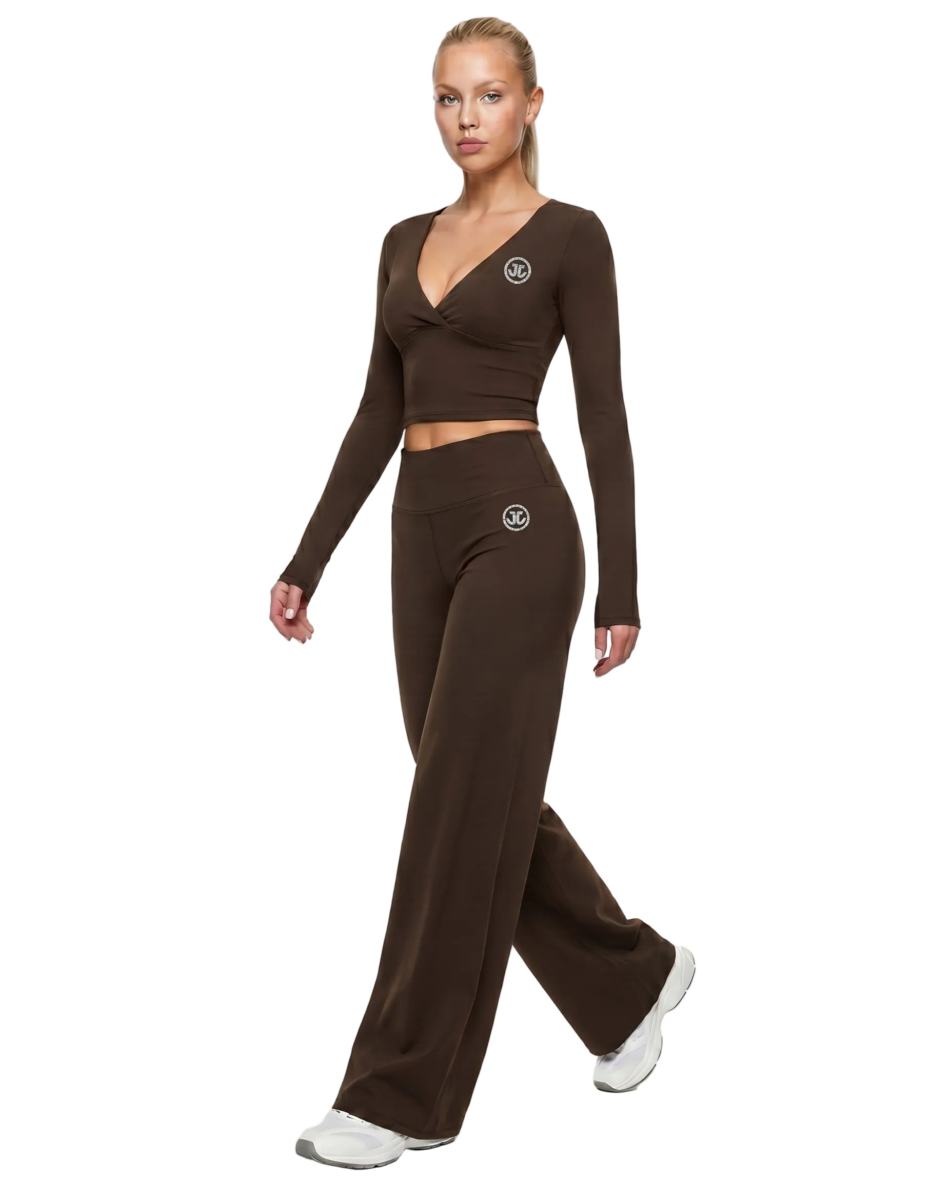 Women's Long-Sleeve Yoga 2-Piece Set with Wide-Leg Pants