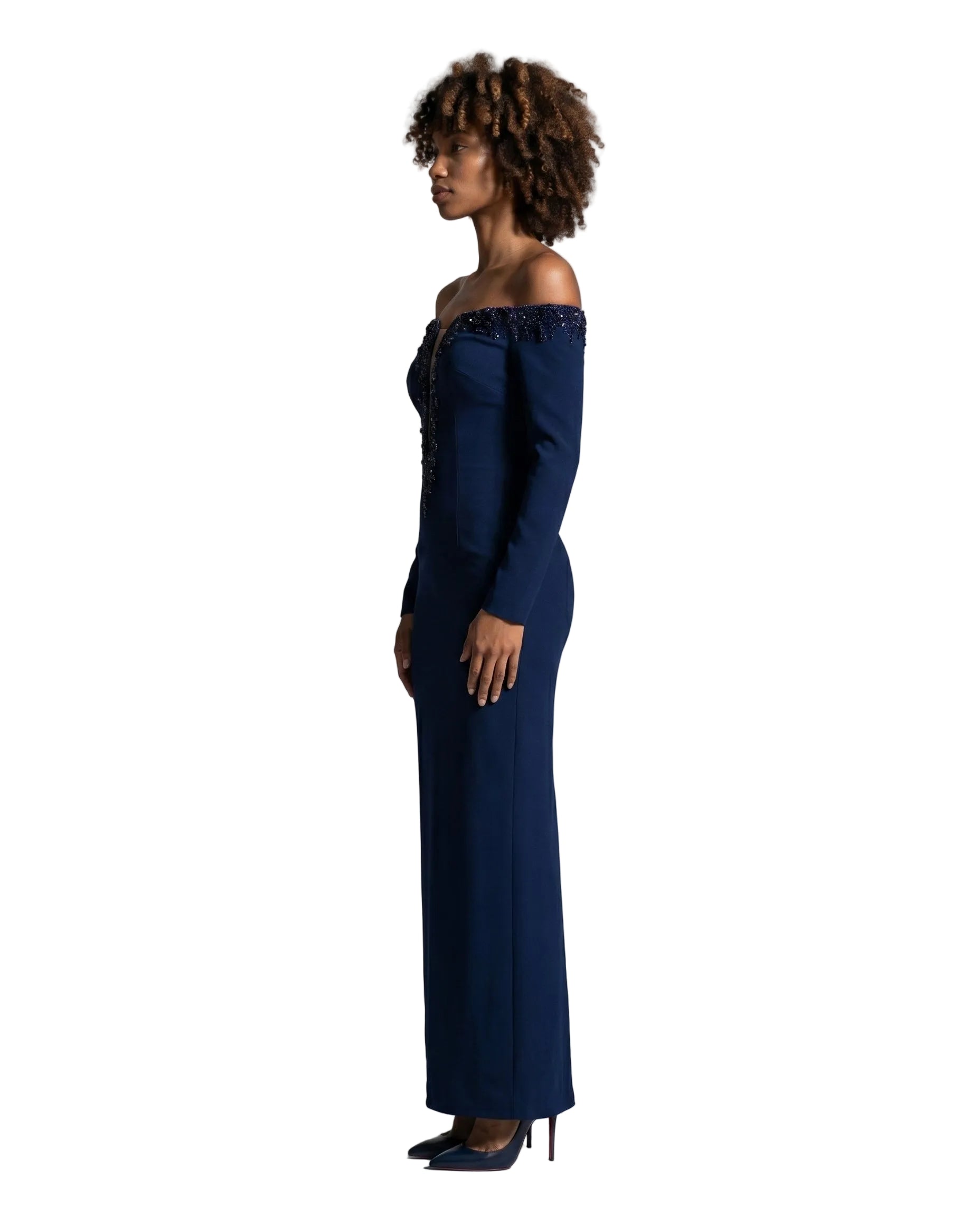 V-Neck Long Sleeve Floor-Length Gown
