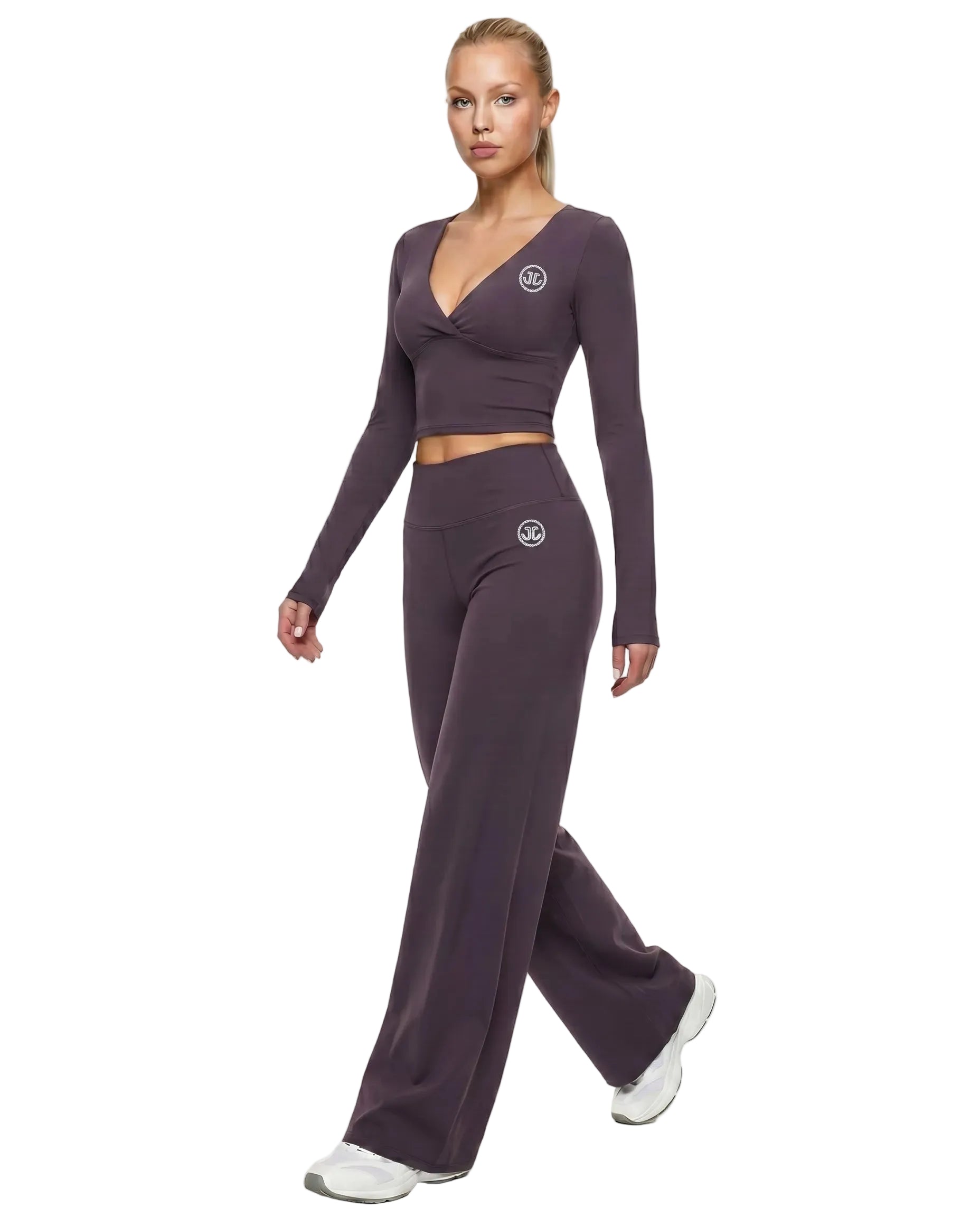 Women's Long-Sleeve Yoga 2-Piece Set with Wide-Leg Pants