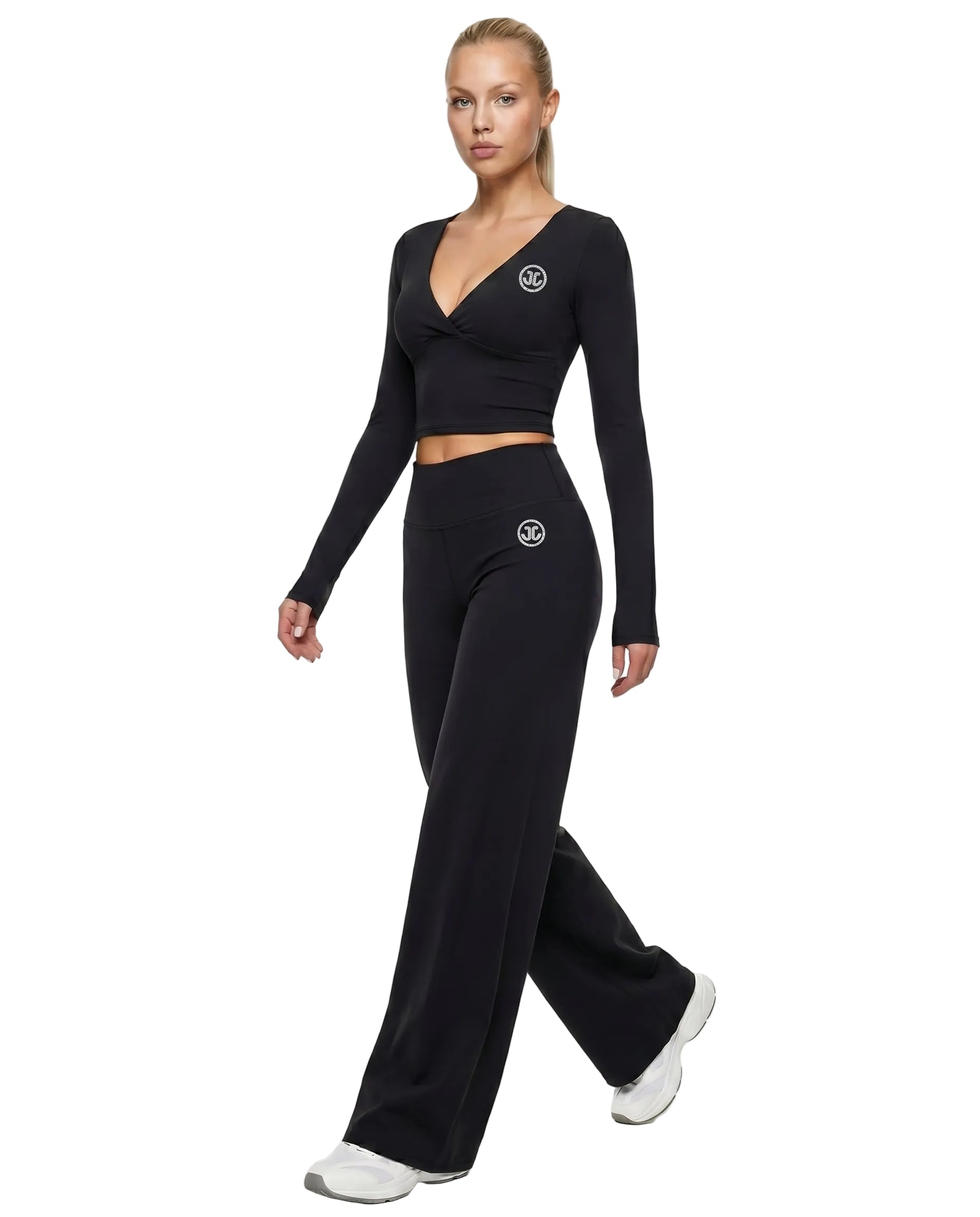Women's Long-Sleeve Yoga 2-Piece Set with Wide-Leg Pants